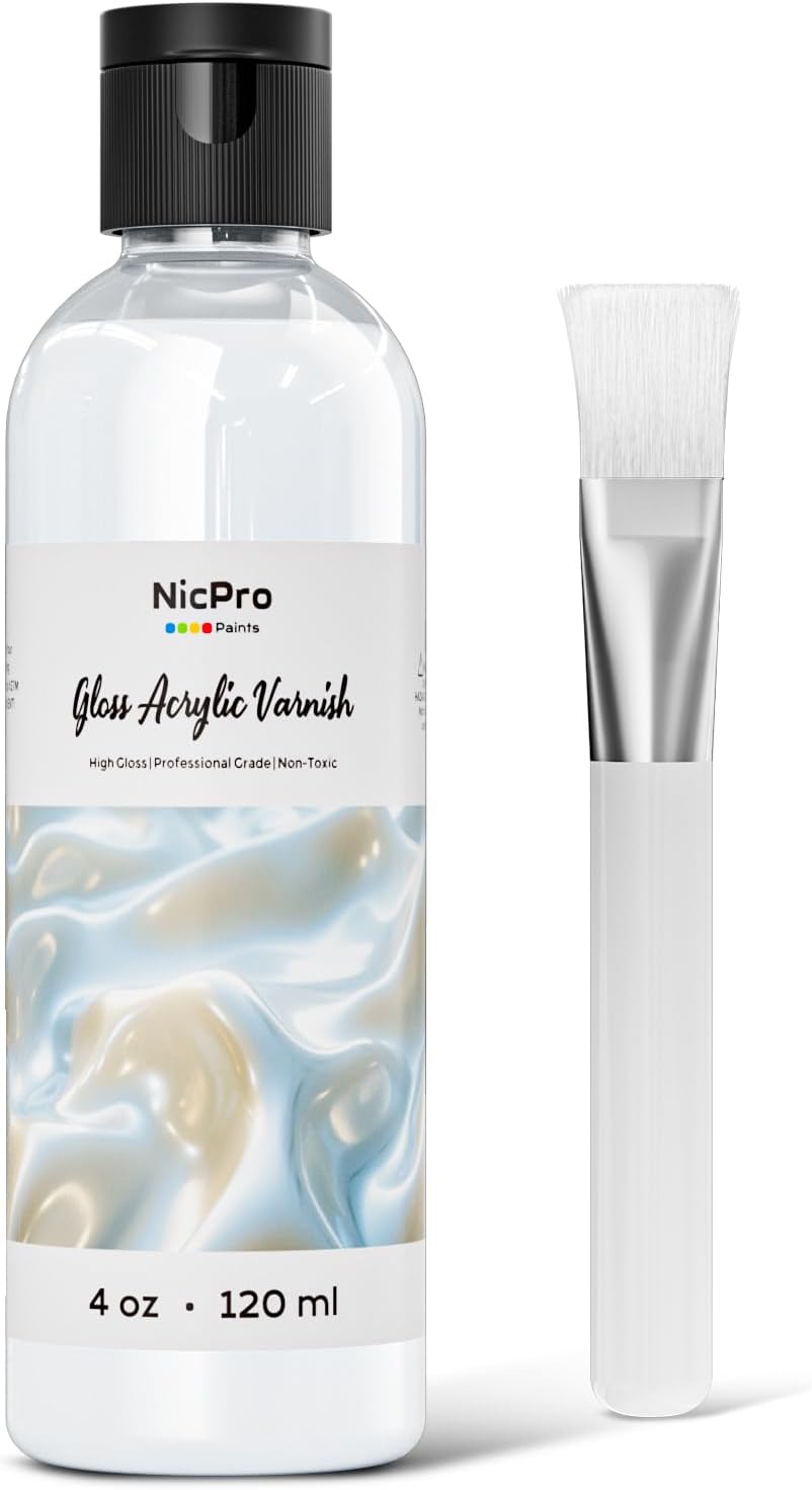 Nicpro Gloss Varnish for Acrylic Painting 4oz, Non-Yellowing, Non-Toxic, Anti-Crazing, Clear Acrylic Varnish for Pro Artist, Hobby Painter on Canvas Artwork, Acrylics Paint, Wood, High Gloss Finish