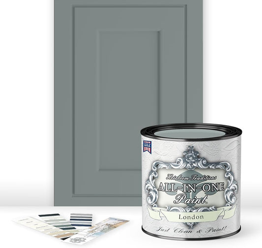 ALL-IN-ONE Paint, Durable cabinet and furniture paint. Built in primer and top coat, no sanding needed. Includes our 30 featured color card - London (green gray), Quart