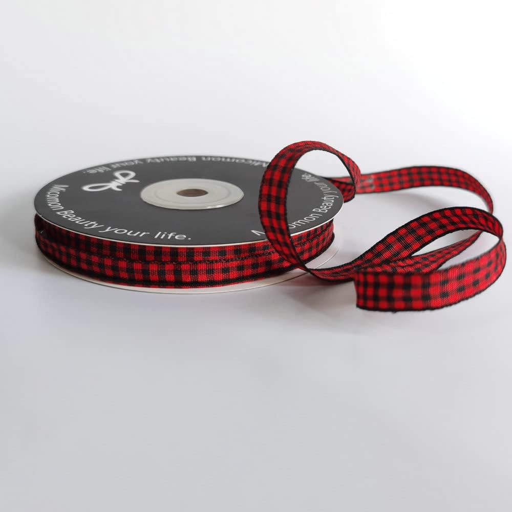Red and Black Gingham Plaid Checked Ribbon 25 Yards Each Roll 100% Polyester (3/8",BlackRed)
