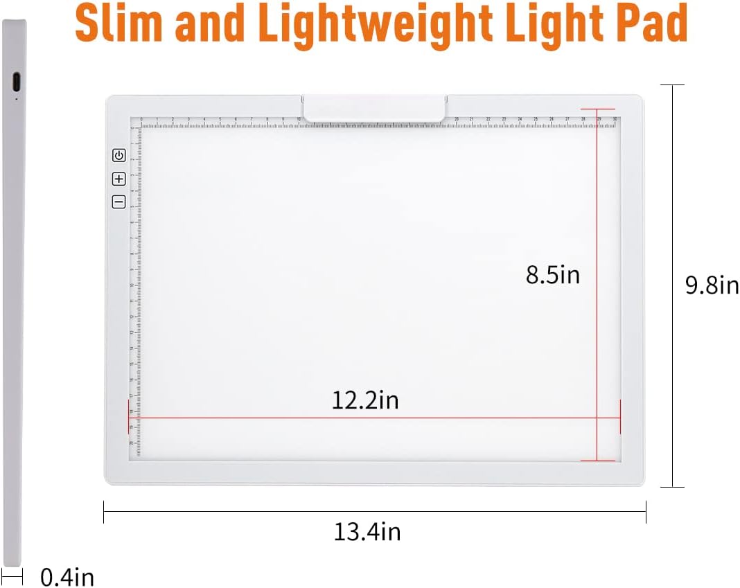 Rechargeable A4 LED Light Pad w/Built-in Riser Stands, 6 Levels of Brightness, Type-c Charging Port, Evenly Illuminated Light Box for Tracing, and Diamond Painting- (White)