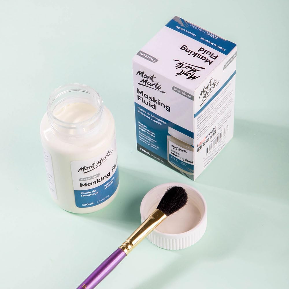 Mont Marte Masking Fluid Premium 120ml (4.06 US fl.oz), Masking Fluid for Watercolor Painting, Keeps Areas Free of Color And Edges Crisp, Resists Watercolor, Ink and Pouring Paint