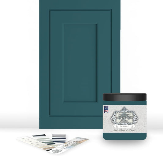 ALL-IN-ONE Paint, Durable cabinet and furniture paint. Built in primer and top coat, no sanding needed. Includes our 30 featured color card - Inspire (deep teal), 8oz Sample