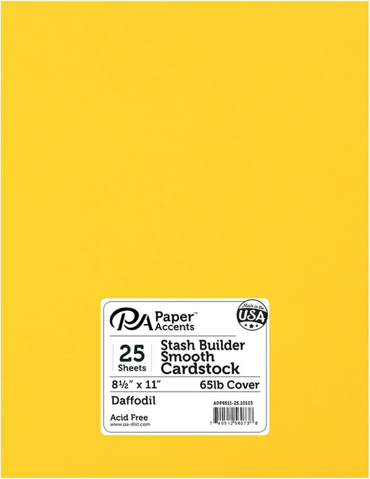 Accent Design Paper Accents Stash Builder Cardstock 8.5" x 11" Daffodil, 65lb colored cardstock paper for card making, scrapbooking, printing, quilling and crafts, 25 piece pack