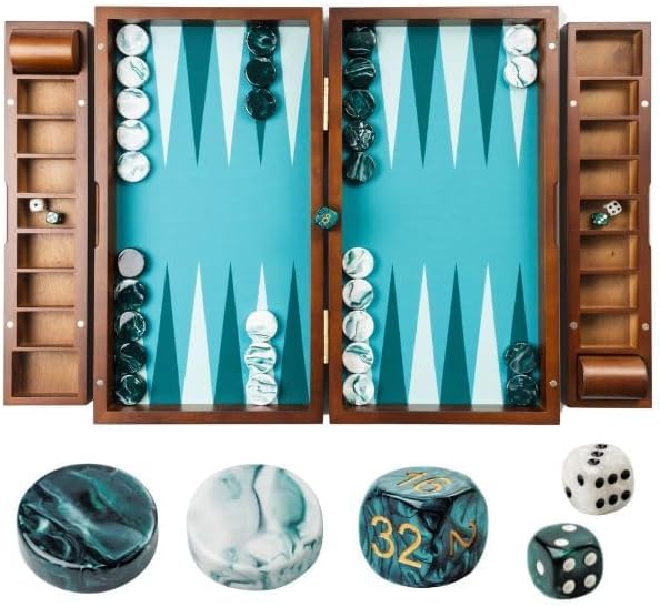 20 Inch Large Backgammon Sets for Adults, Green Backgammon Board, Solid Wood. Removable Accessory Tray, Premium 1.5 Inch Checkers & Dice Set, Backgammon Game Set Backgammon Table