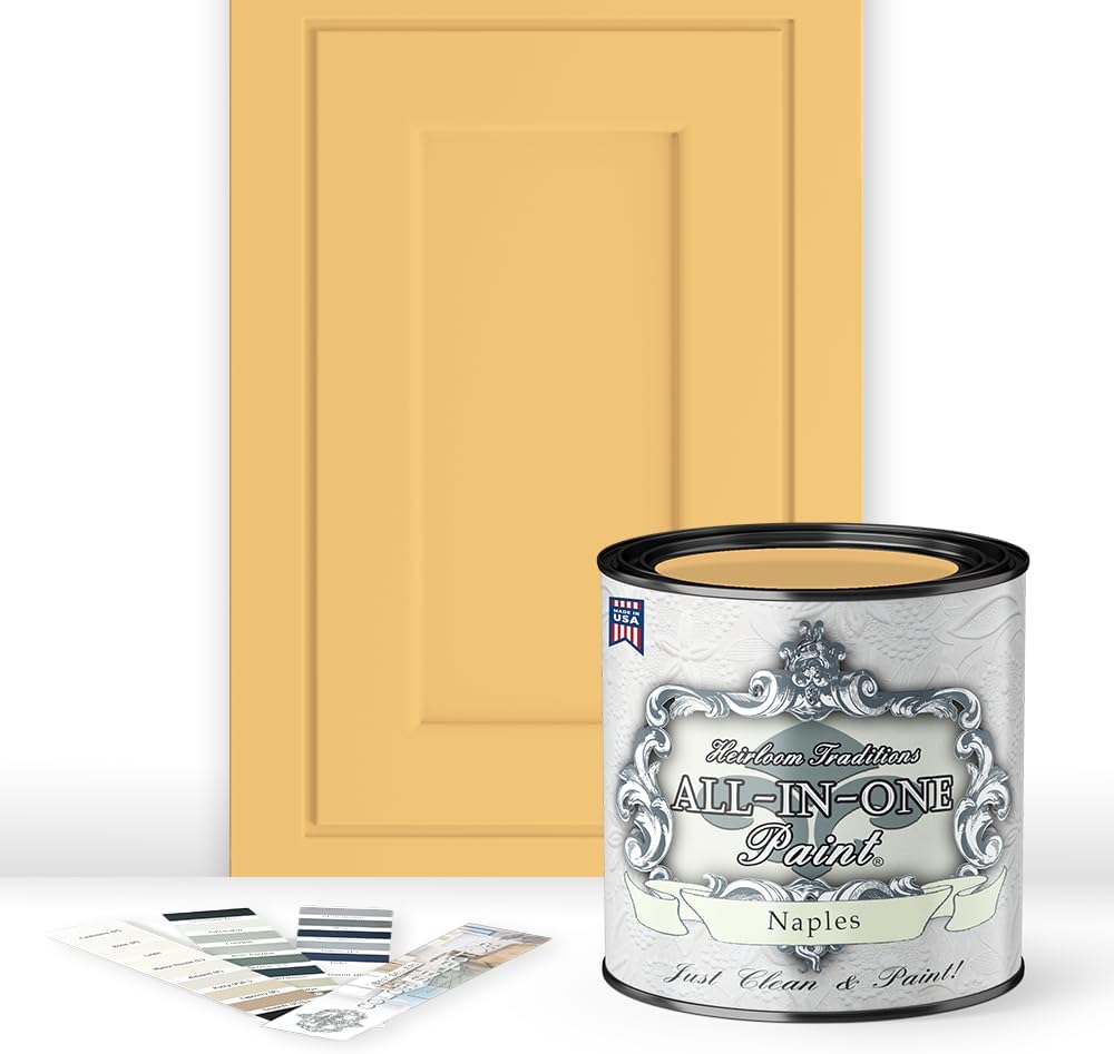 ALL-IN-ONE Paint, Durable cabinet and furniture paint. Built in primer and top coat, no sanding needed. Includes our 30 featured color card - Naples (sunny yellow), Quart