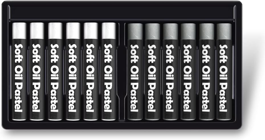 12 Pcs Monochrome Artists Grade Soft Oil Pastels Vibrant and Creamy Colored Chalk Pastels Art Supplies Set for Professionals Painting Drawing White Gray