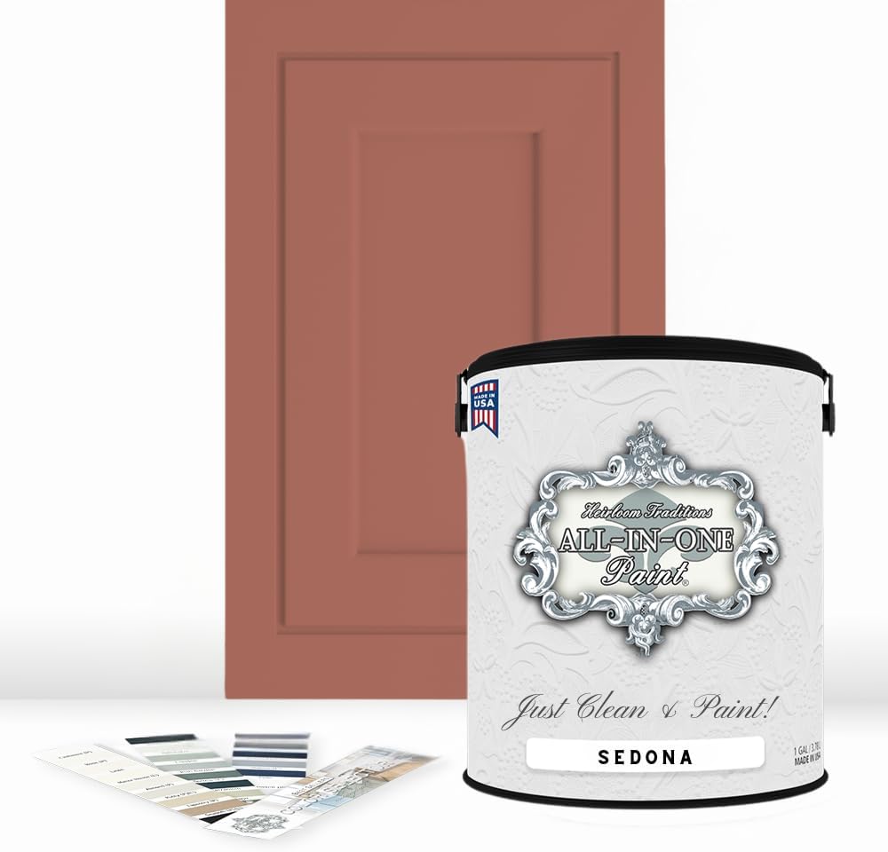 ALL-IN-ONE Paint, Durable cabinet and furniture paint. Built in primer and top coat, no sanding needed. Includes our 30 featured color card - Sedona (warm coral), Gallon