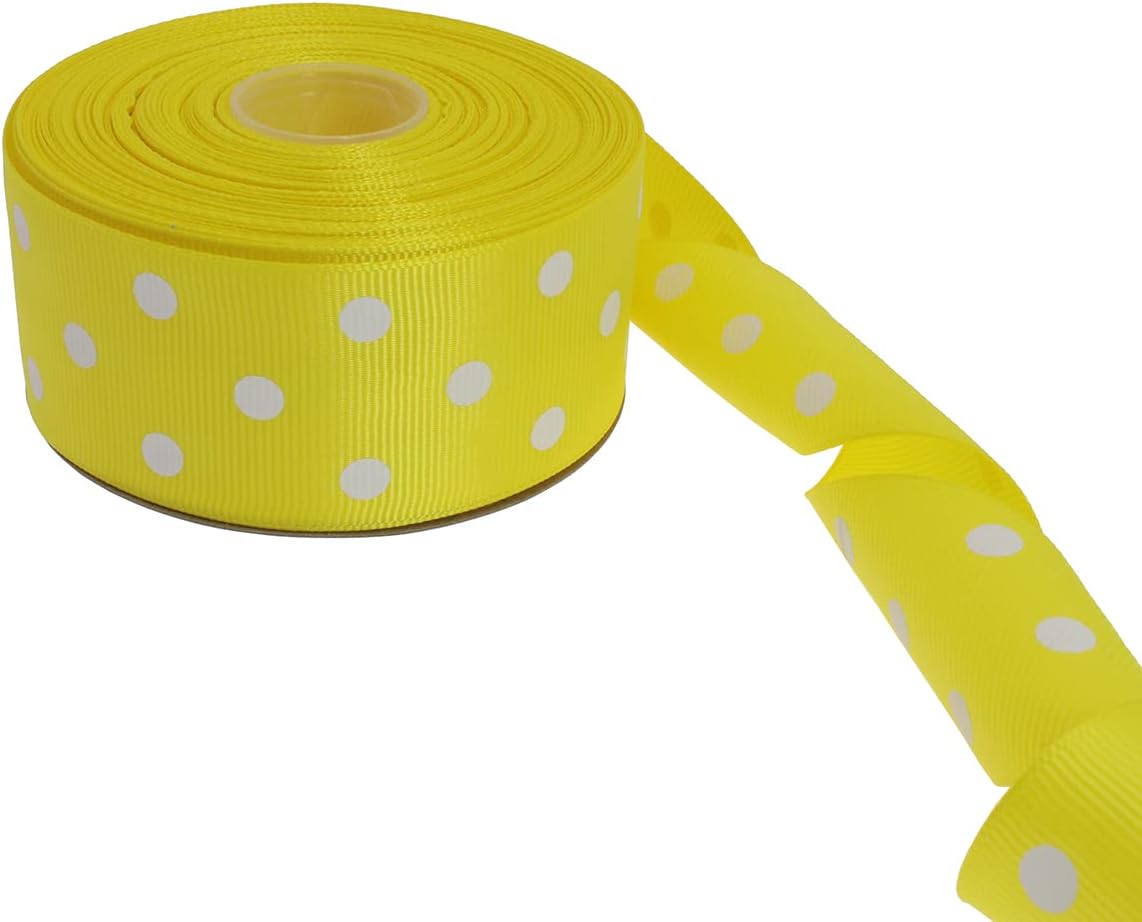 Polka Dot Grosgrain Ribbon 25 Yard Each Roll 100% Polyester (1/1-2", Yellow)