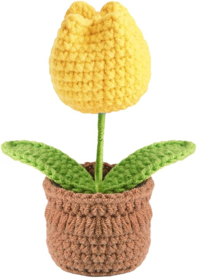 Tulip Pin Cushion, Handmade Knitted Pincushions, Cute Pin Cushions Needle Holders for Sewing Quilting Accessory, DIY Crafts or Patchwork Decor.Flowerpot Design Yellow Tulip