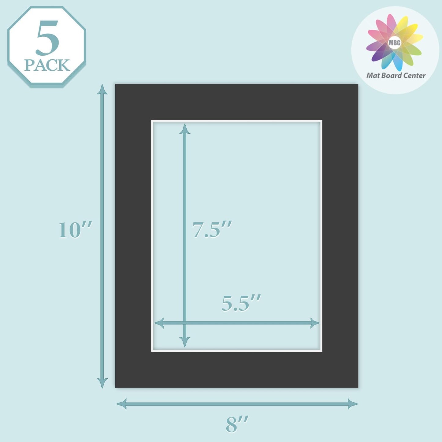 MBC Mat Board Center, 5 Pack 8x10 for 6x8 Black Picture Mats Frame Mattes, Bevel Cut, Acid Free, 4-ply Thickness