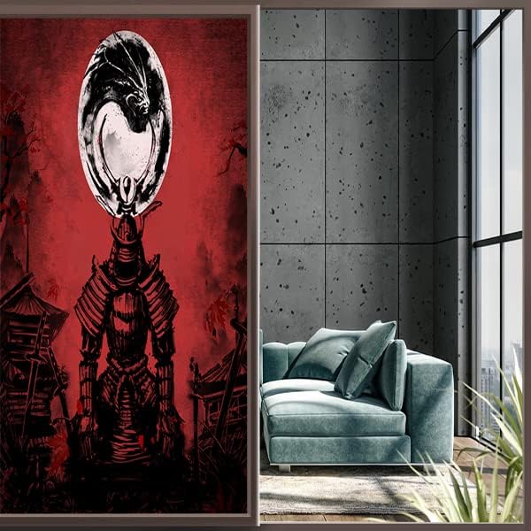 Japanese Samurai Window Film Abstract Vintage Samurai Blossom Dragon Full Moonstained Glass Window Film,Playroom Window Film,Nursery Window Film 23.6Wx47.2L-Inch X1Pcs
