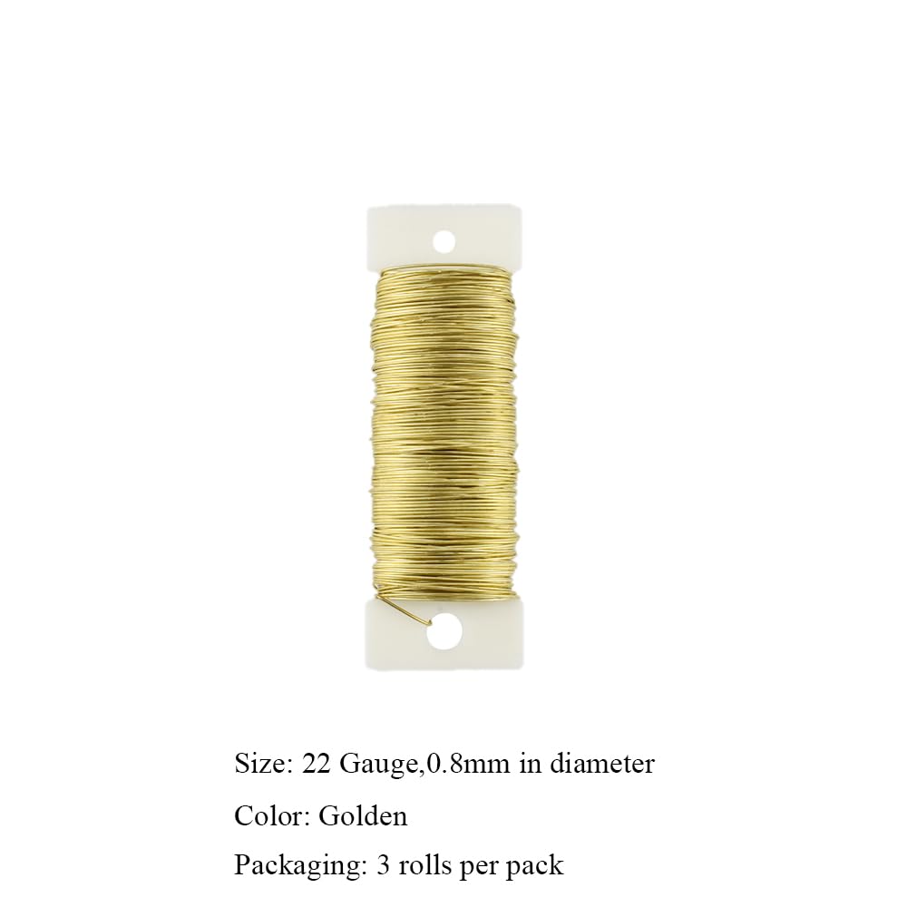 HAHIYO 22Gauge Golden 3Roll Total 115Yards(345Feet) Metal Floral Wire Flexible Paddle Wire for Crafts Christmas Wreaths Tree Flower Arrangement Bouquet Wrapping Wedding DIY