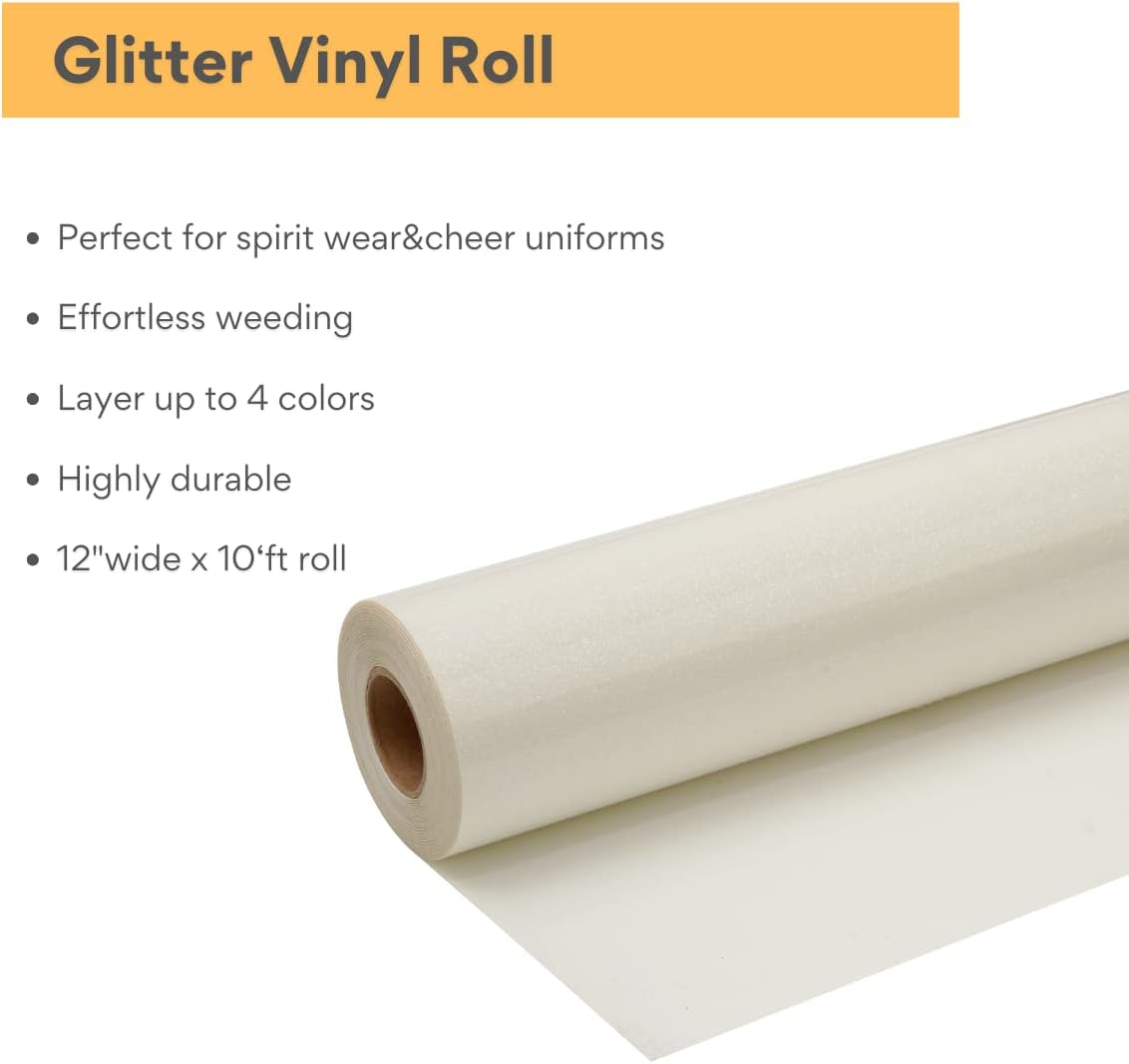 White Glitter HTV Roll -12" x10ft Iron on Heat Transfer Vinyl for DIY Shirts Gifts