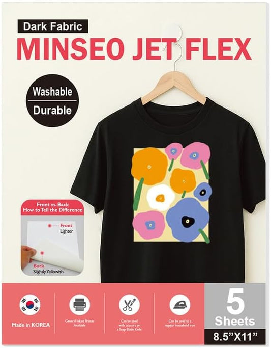 MINSEO Jet Flex Premium Opaque Heat Transfer Paper for Dark Fabric (5 Sheets 8.5x11") Printable Iron-on Transfer Vinyl for Inkjet Printer (Made in Korea)