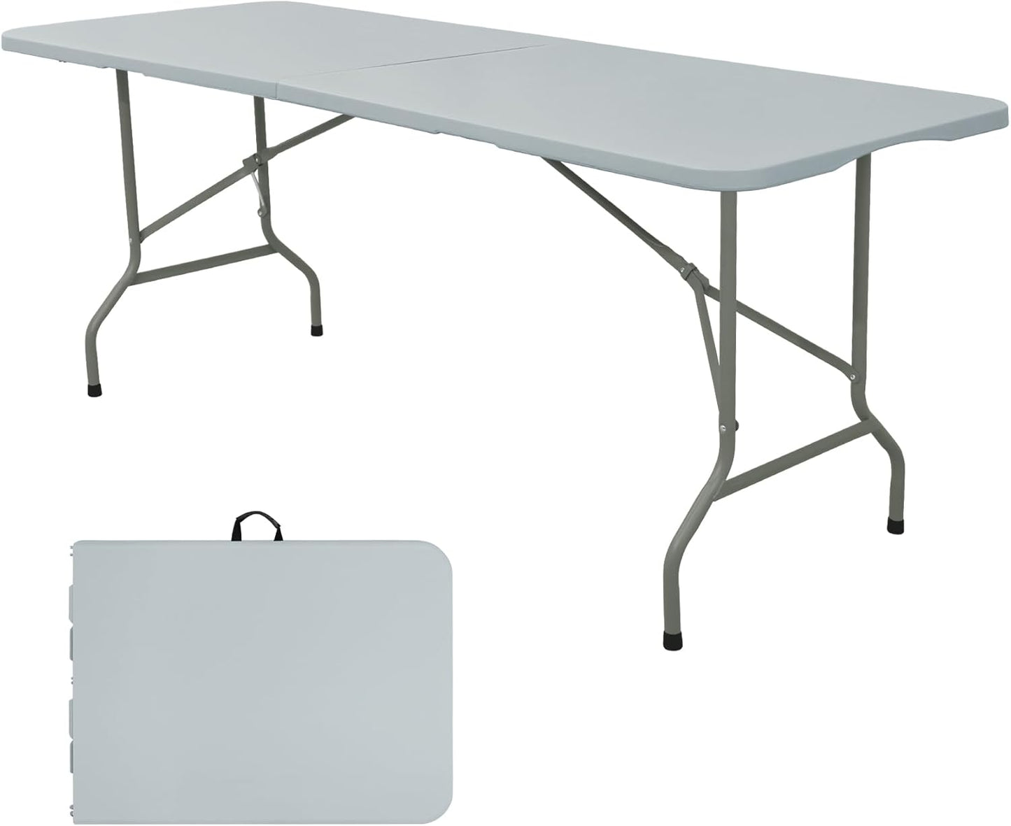 Folding Table 5FT Camping Table Portable Heavy Duty Plastic Rectangular Outdoor Dining Table Steel Legs Fold-in-Half with Carrying Handle for Indoor,Picnic,Party,Wedding,Events(Grey)
