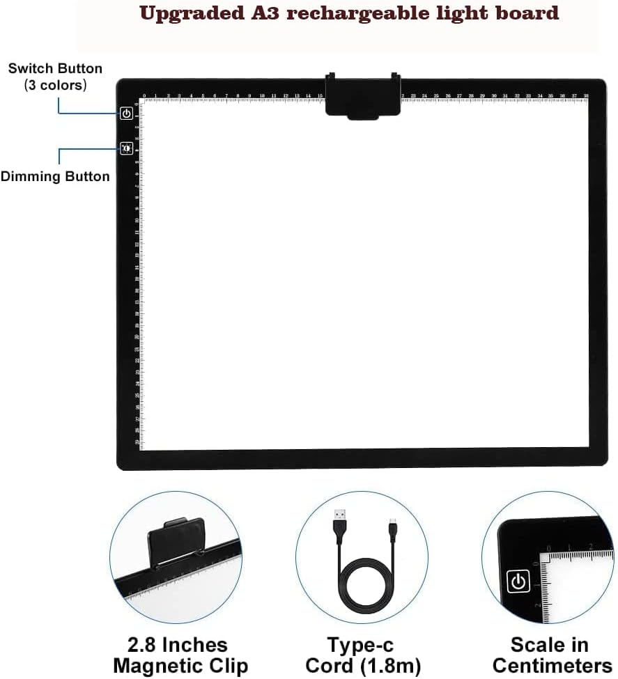 Rechargeable A3 LED Light Pad with Carry Bag, Adjustable Brightness Light Box with 3 Colors, Built-in Stand, 2500mAh Battery, Magnetic Clip, Light Board for Tracing Diamond Painting Sketching