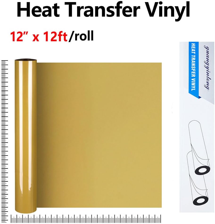 Guangyintong Heat Transfer Vinyl Rolls, 12" x 12ft Golden HTV for T-Shirts, Matte Surface Iron on Vinyl for All Cutter Machines, Easy to Cut & Weed for Heat Vinyl DIY Design