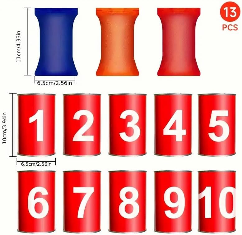 13 Carnival Can Games Bean Bag Toss Carnival Games, Including 10 Tin Cans and 3 Bean Bag Easter Outdoor, Suitable for Family Gatherings, Birthdays, Indoor and Outdoor Activities