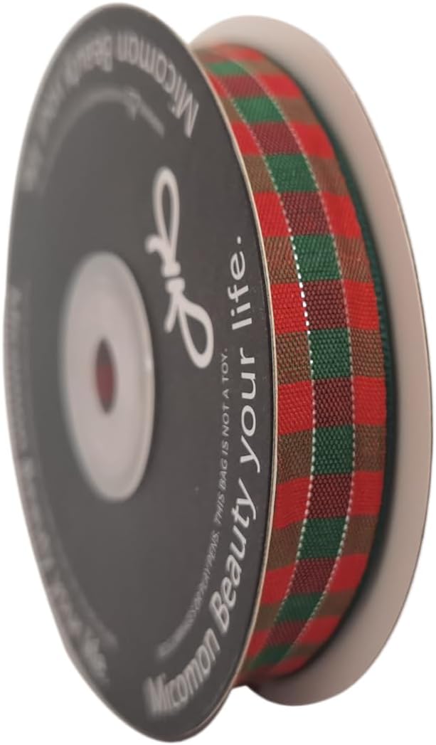 Micomon Christmas Ribbon Gingham Checkered Ribbon 25 Yards Plaid Ribbon for Christmas Crafts, Gift Wrapping(5/8",RedGreenSilver)