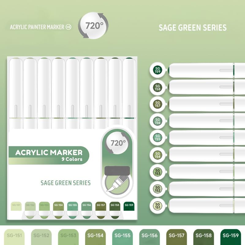 Water Based Acrylic Paint Markers Green, 9 Colors Acrylic Paint Pens Set with Soft Brush Tip, Marker Pen for Rock Painting, Egg, Wood, Glass, Paper, Mugs, Acrylic Painter Ink (Sage Green)