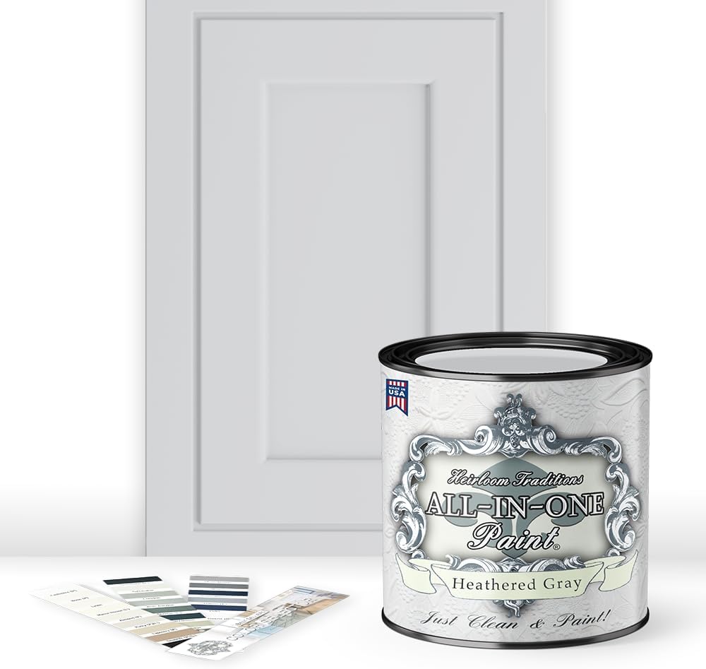ALL-IN-ONE Paint, Durable cabinet and furniture paint. Built in primer and top coat, no sanding needed. Includes our 30 featured color card - Heathered Gray (light cool gray), Quart