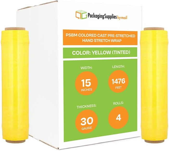 PSBM Yellow Stretch Wrap, 15 Inch x 1476 Feet, 4 Pack, Tinted Pre-Stretched Shrink Wrap Film for Moving, Packaging, Pallet Wrapping