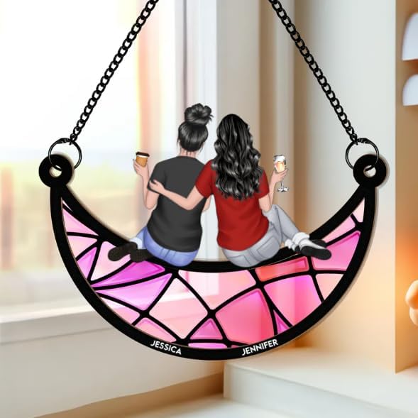 Macorner Personalized Window Hanging Suncatcher Ornament Friendship for Women, Birthday Presents for Woman Friendship, Best Friend Birthday Gifts, Bestie Gifts for Women Friend Sitting On The Moon