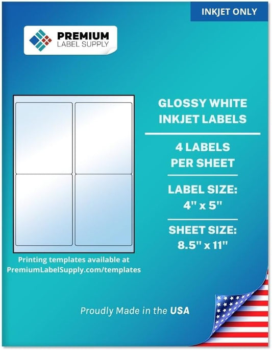 Premium Label Supply Glossy White Sticker Labels – 4" x 5" – (4 per Sheet) (Glossy White for Inkjet Only, 100 Labels)