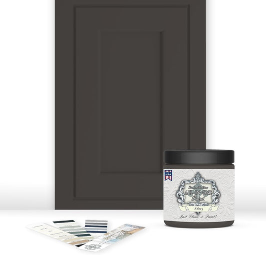 ALL-IN-ONE Paint, Durable cabinet and furniture paint. Built in primer and top coat, no sanding needed. Includes our 30 featured color card - Abbey (warm gray), 8oz Sample