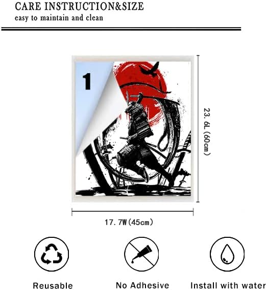 Japanese Samurai Decorative Window Film Watercolor Ink Samurai Sword Red Sun Printdining Room Window Film,Dorm Room Glass Film 17.7Wx23.6L-Inch X1Pcs