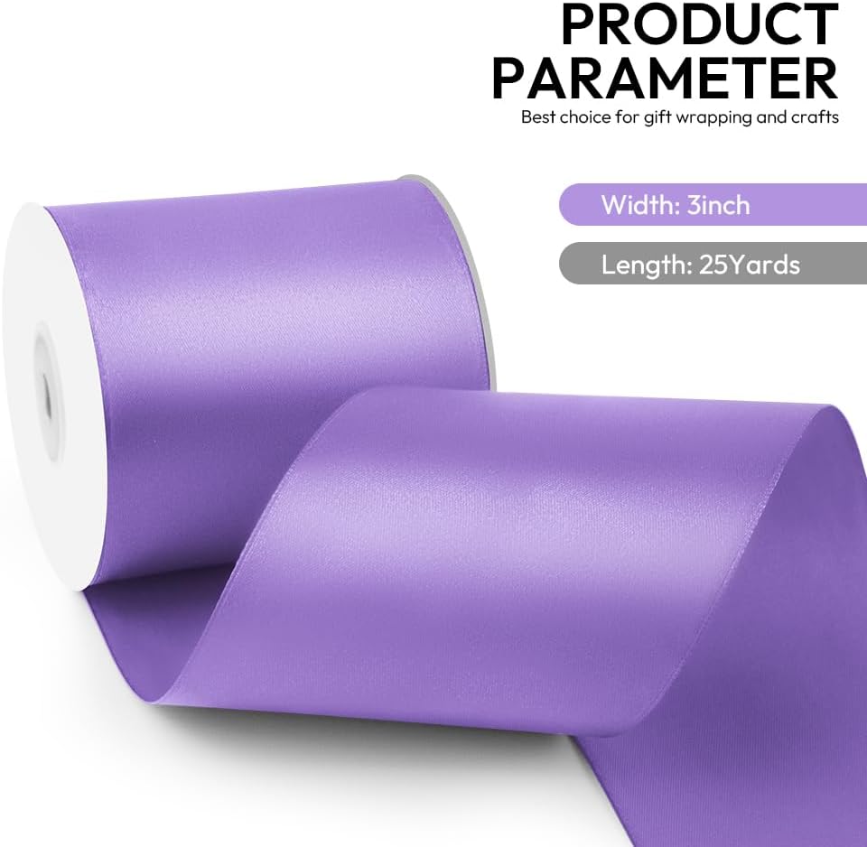 3 Inch 25 Yard Wide Satin Ribbon Light Purple, Solid Fabric Large Ribbon Roll for Cutting Ceremony Wedding Opening Party Decoration, Chairs, Sewing, Festival Pageant Sashes