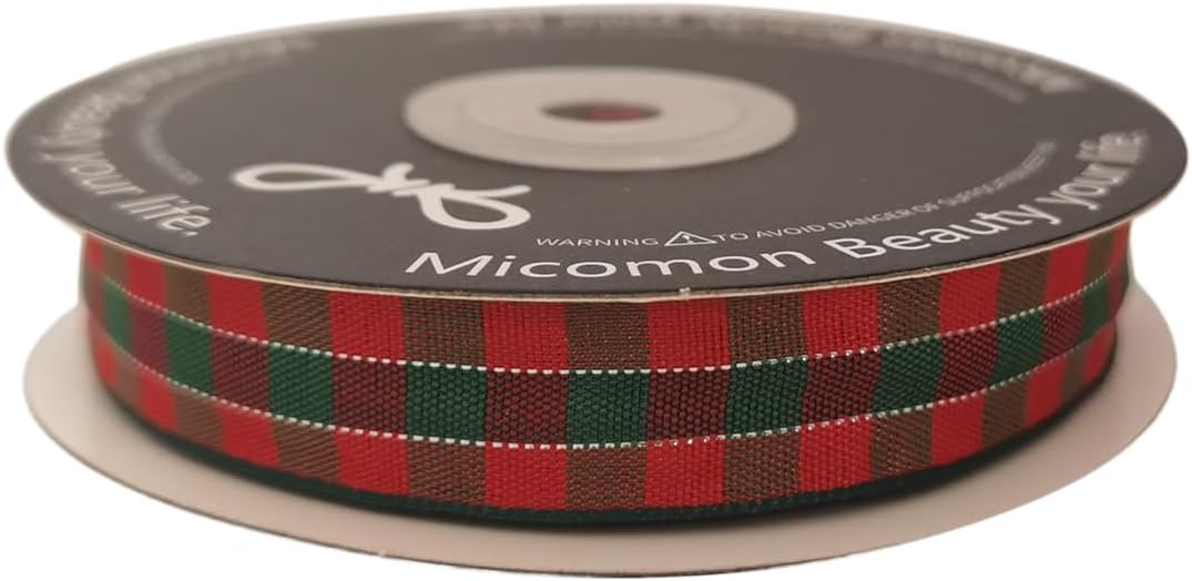 Micomon Christmas Ribbon Gingham Checkered Ribbon 25 Yards Plaid Ribbon for Christmas Crafts, Gift Wrapping(5/8",RedGreenSilver)
