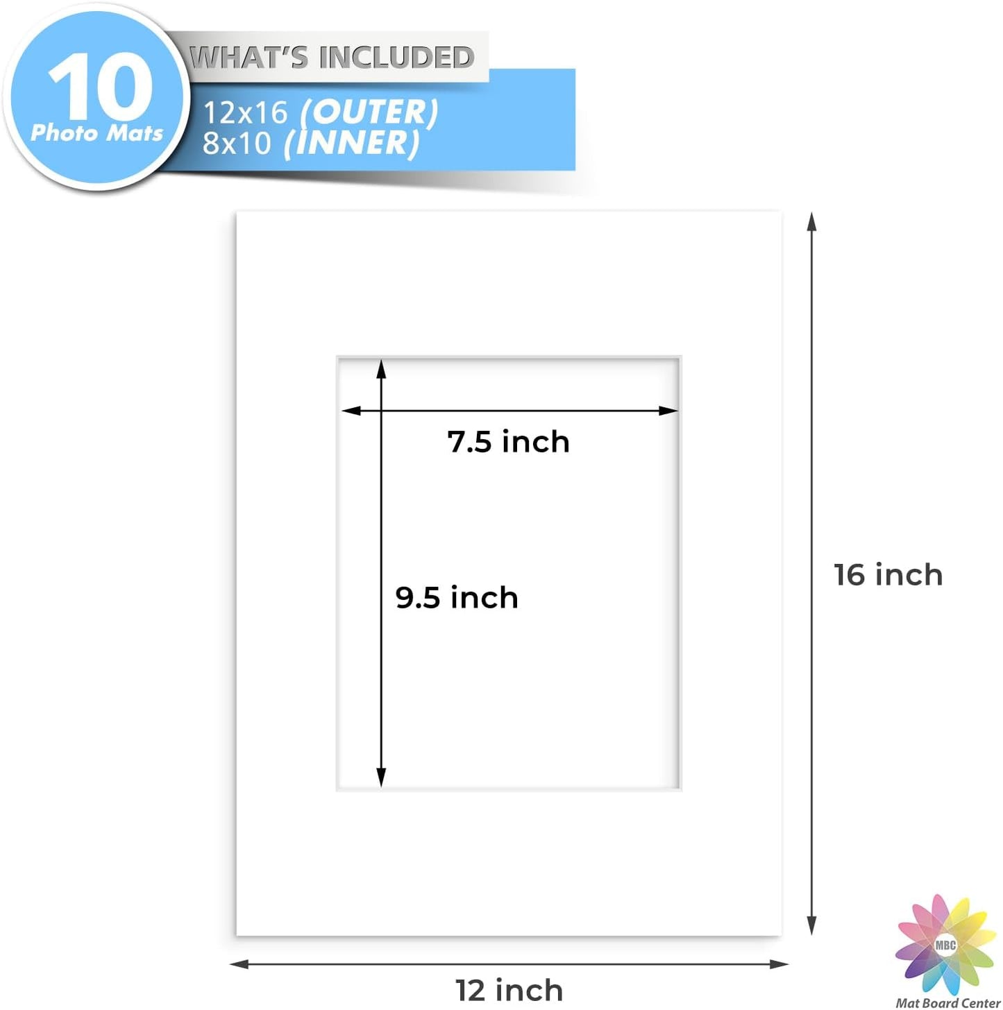 MBC Mat Board Center, 10 Pack 12x16 for 8x10 White Picture Mats Frame Mattes, Bevel Cut, Acid Free, 4-ply Thickness