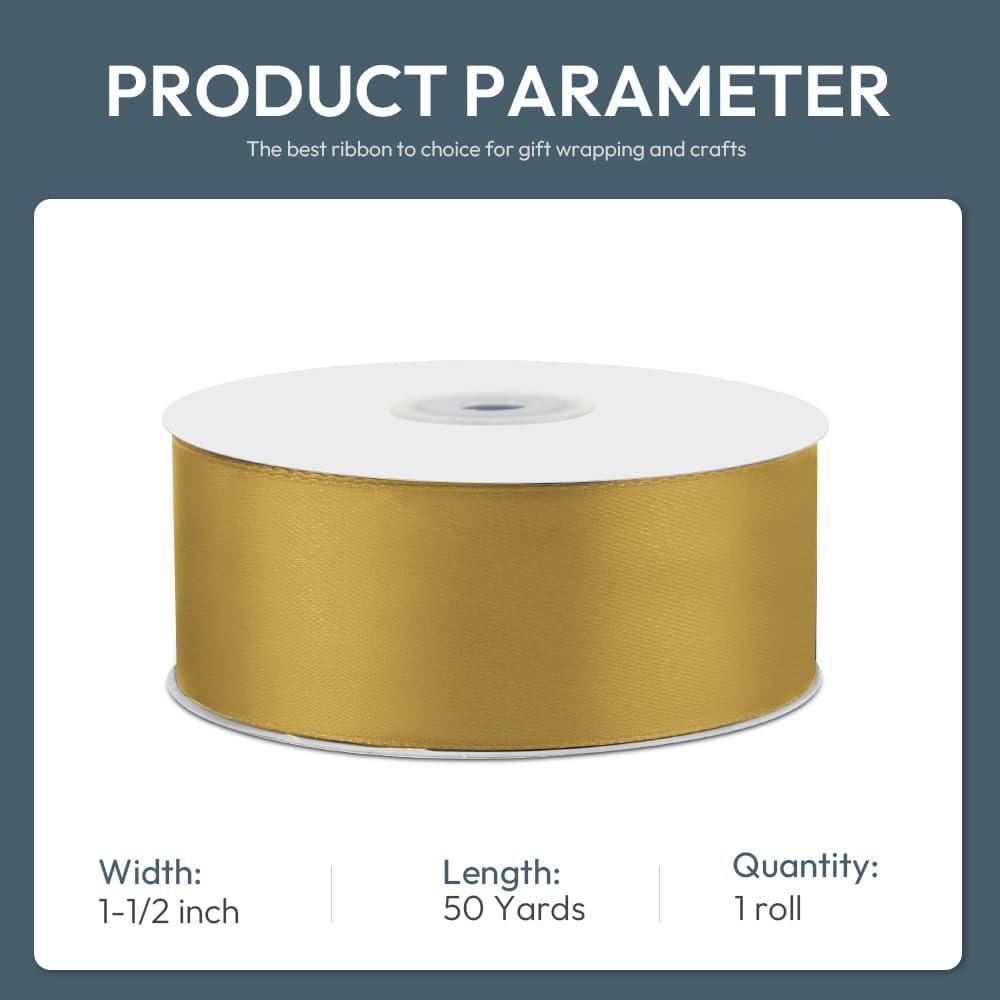 KMER LIFE 1-1/2" Wide x 50 Yards Golden Single Faced Polyester Satin Ribbon, Golden Satin Ribbon Perfect for Wedding Decor, Wreath, Crafts, Gift Wrapping & Other Projects (Golden)