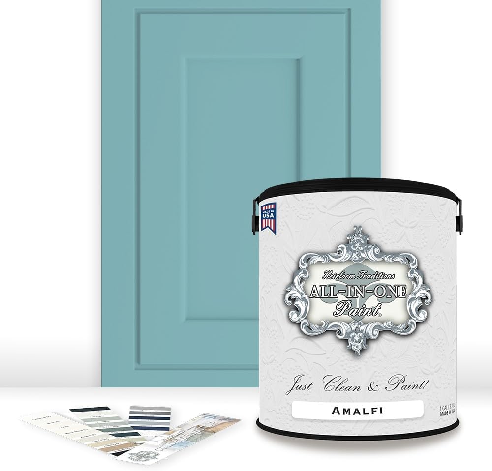 ALL-IN-ONE Paint, Durable cabinet and furniture paint. Built in primer and top coat, no sanding needed. Includes our 30 featured color card - Amalfi (blue aqua), Gallon