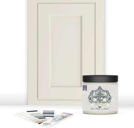 ALL-IN-ONE Paint, Durable cabinet and furniture paint. Built in primer and top coat, no sanding needed. Includes our 30 featured color card - Manor House (creamy off white), 8oz Sample