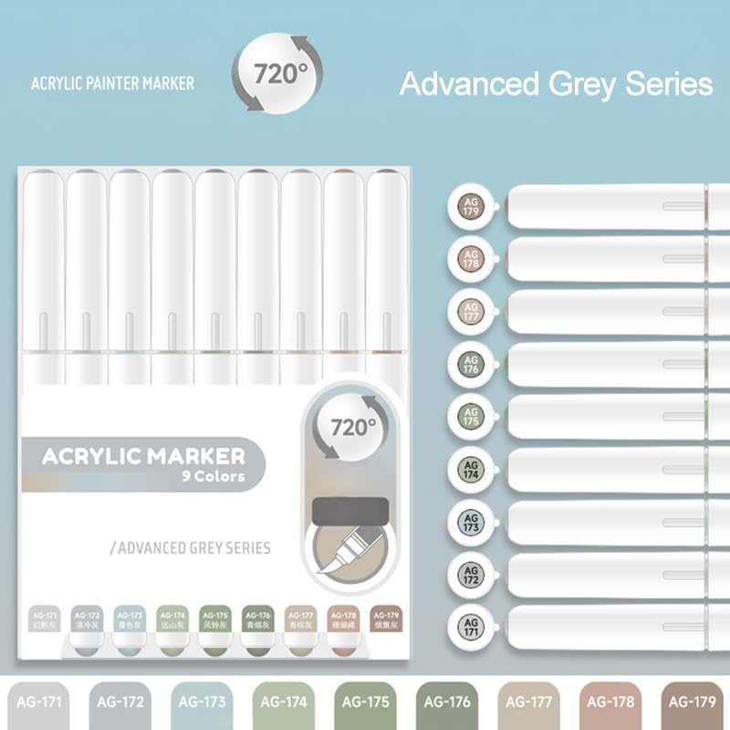 Water Based Acrylic Paint Markers, 9 Colors Acrylic Paint Pens Set with Soft Brush Tip, Marker Pen for Rock Painting, Egg, Wood, Glass, Paper, Mugs, Acrylic Painter Ink (Advanced Gray)