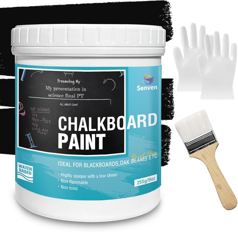 Chalkboard Paint Black Chalk Board Paint for Wood, Metal, Glass, Wall, Plaster Boards Sign, Frame Any Surface Black Matte Finish, Acrylic Non-Toxic, Quick-Dry - 250g, 9oz, Cover