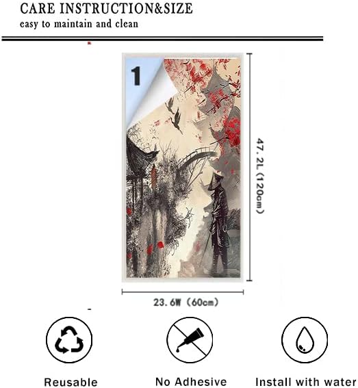 Vintage Japanese Samurai Air Window Film Watercolor Ink Ancient Cherry Blossom Red Sunblackout Window Film,Playroom Window Film 23.6Wx47.2L-Inch X1Pcs