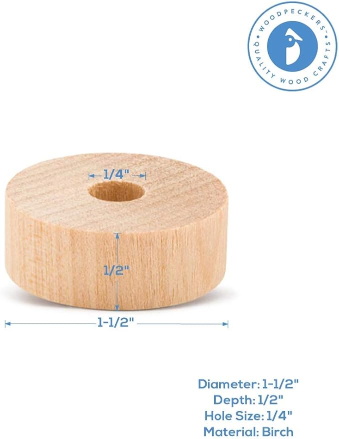 1-1/2-inch Diameter Slab Wooden Wheel for Craft, 1/4-inch Hole, 1/2-inch Thick, Pack of 50 Wooden Hobby Wheel for Model, by Woodpeckers