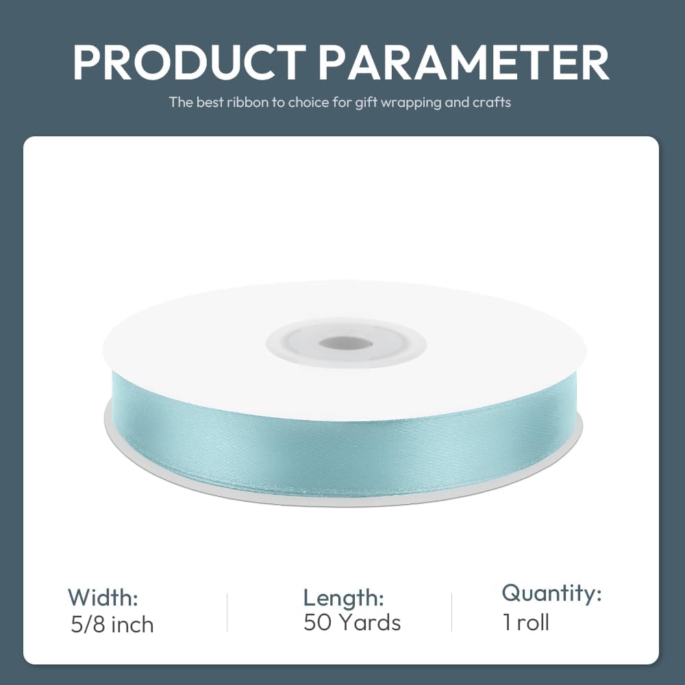 KMER LIFE 5/8" Wide x 50 Yards Baby Blue Single Faced Polyester Satin Ribbon, Baby Blue Satin Ribbon Perfect for Wedding Decor, Wreath, Crafts, Gift Wrapping & Other Projects (Baby Blue)