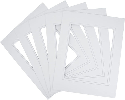 Golden State Art, 11x14 Double Mats for 8x10 - for Photos, Pictures, Frames - Acid-Free, 5 Pack, White Over White