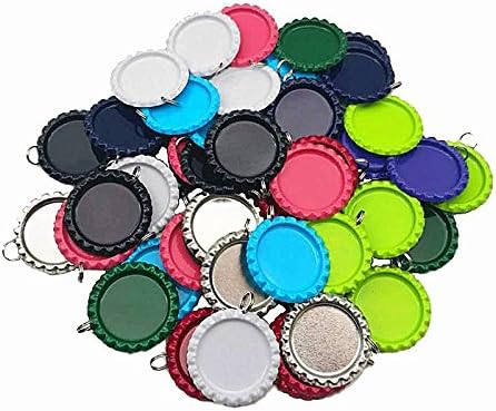 Mixed Colors Flat Bottle Caps with Holes and Rings – 1 Inch Aluminum Bottle Cap Pendants for DIY Jewelry, Crafts, Keychains – 50 PCS