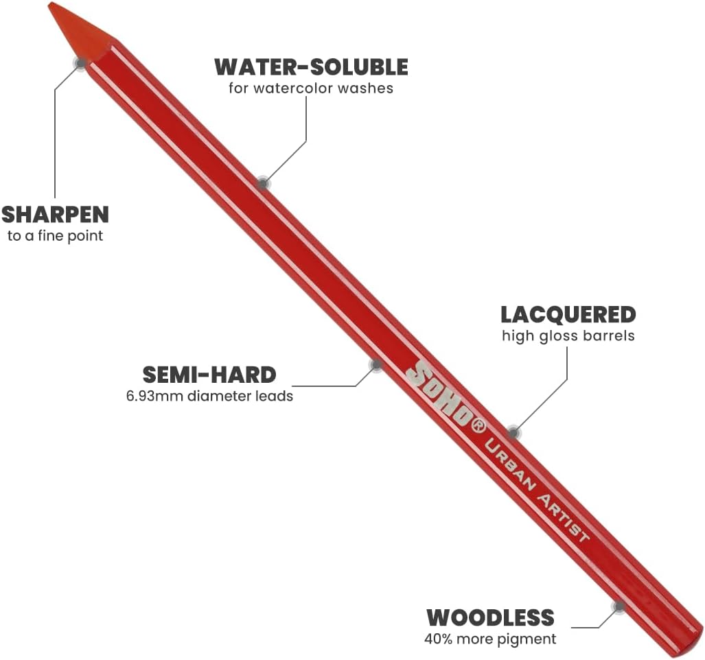 Soho Urban Artist Woodless Pastel Pencils - Set of 48, Professional Artist-Grade, 40% More Pastel, Water-Soluble, Pre-Sharpened, Easy Blending, 6.93mm Barrel, Clear Lacquered