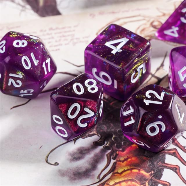 7-Die DND Dice Set Polyhedral Dice Set with a Leather Bag, D&D Dice Set for Dungeons and Dragons, RPG Table Games (T/Purple)