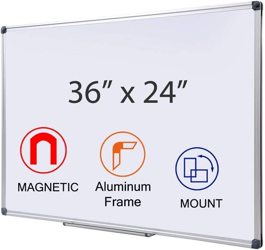 36 x 24 inch Magnetic Dry Erase Board, DexBoard Mall-Mounted Aluminum Frame White Board with Pen Tray, Dry Erase Marker Whiteboard for Office, School and Home Usage