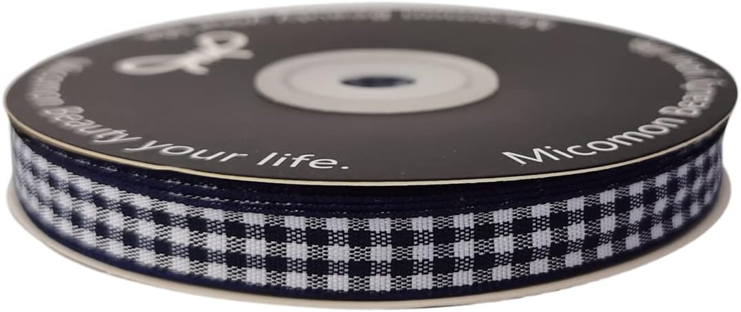 Blue Gingham Woven Edge Ribbon 25 Yards Per Spool,Dark Blue Checked Crafts 3/8 Inch Wide (3/8", Navy)