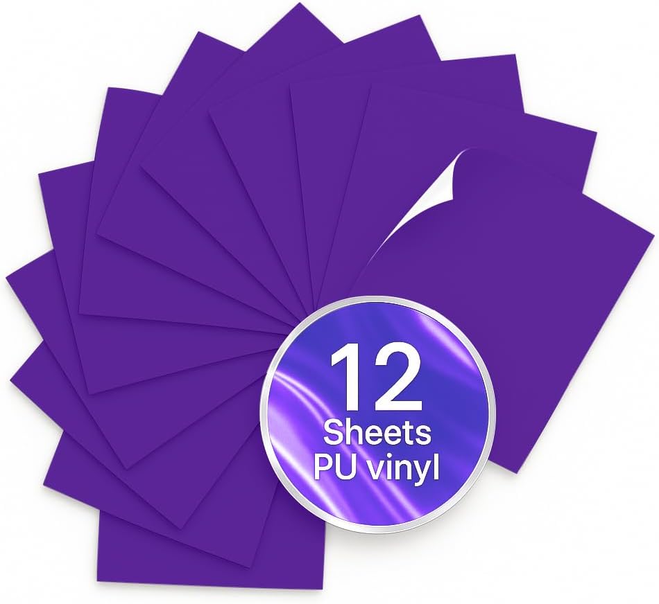 Purple PU Heat Transfer Vinyl, 12 Pcs 12"x10" HTV Sheets – Soft & Stretchable Iron-On Vinyl, Easy to Cut & Weed, Compatible with Cricut & Silhouette – Great for DIY Family Shirts & Crafts