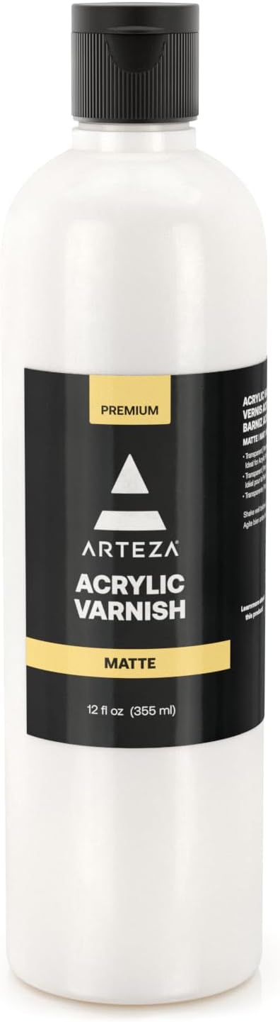 ARTEZA Matte Varnish for Acrylic Painting (12 FL OZ) - Transparent Matte Acrylic Paint Varnish with UV Protection - Clear Finish Sealer for Canvas, Wood - Protects Against Dust, Dirt, and Scratches