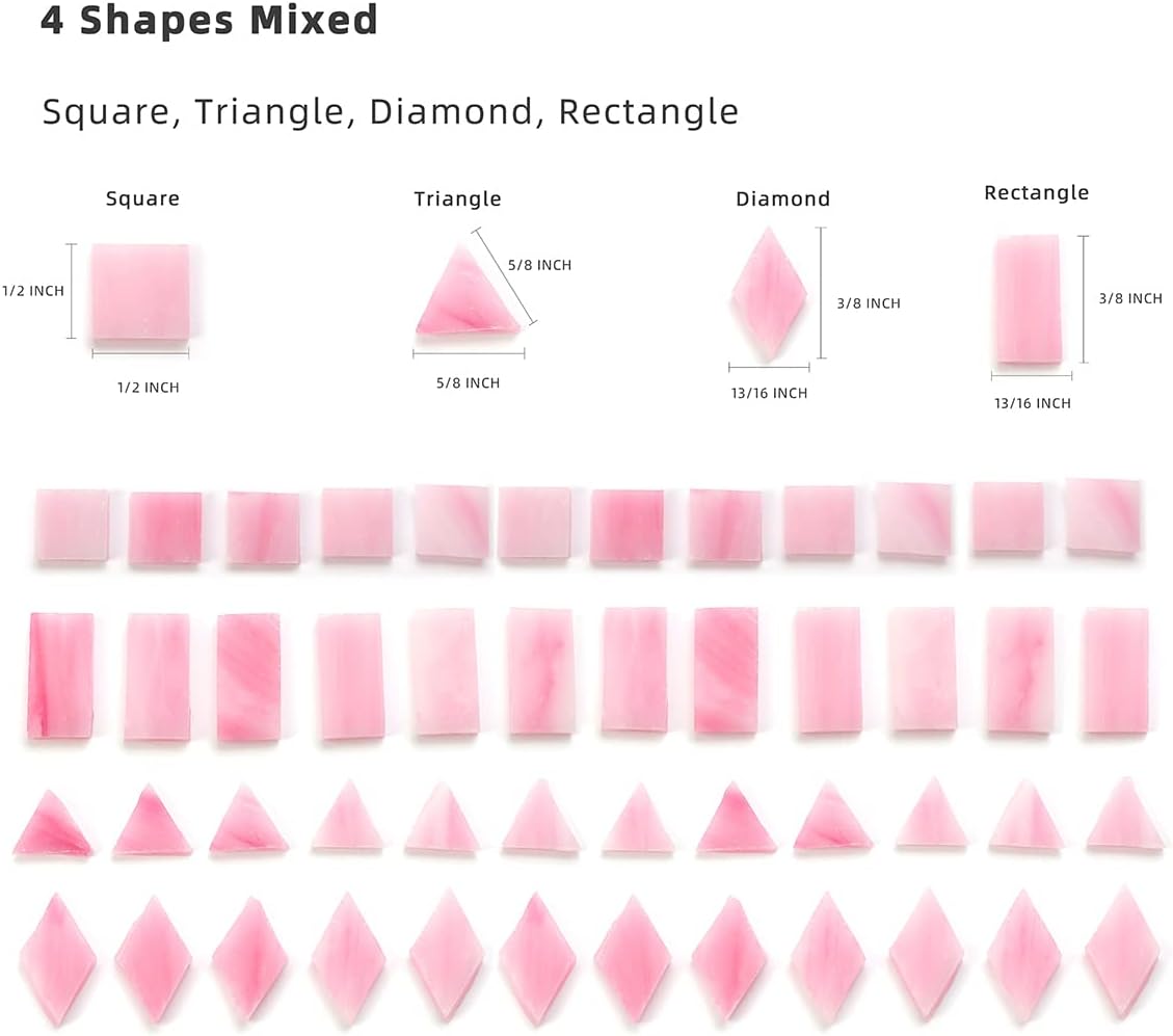 Lanyani 200 Mixed Color Glass Mosaic Tiles - 4 Shapes, Tiffany Stained Glass Pieces for Crafts, Pink